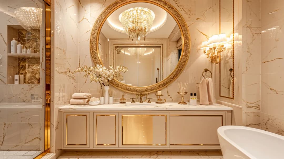 Czy okrągłe lustro w złotej ramie doda blasku Twojej łazience?